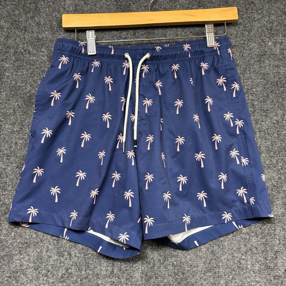 Bermies 5” Men Swim Trunk Shorts Small Navy Blue Pink Palm Trees Lined 1 Flaw